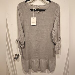 Francesca Bettini NWT Gray Eyelet Hem Linen Mini Dress Sz M Summer Lagenlook